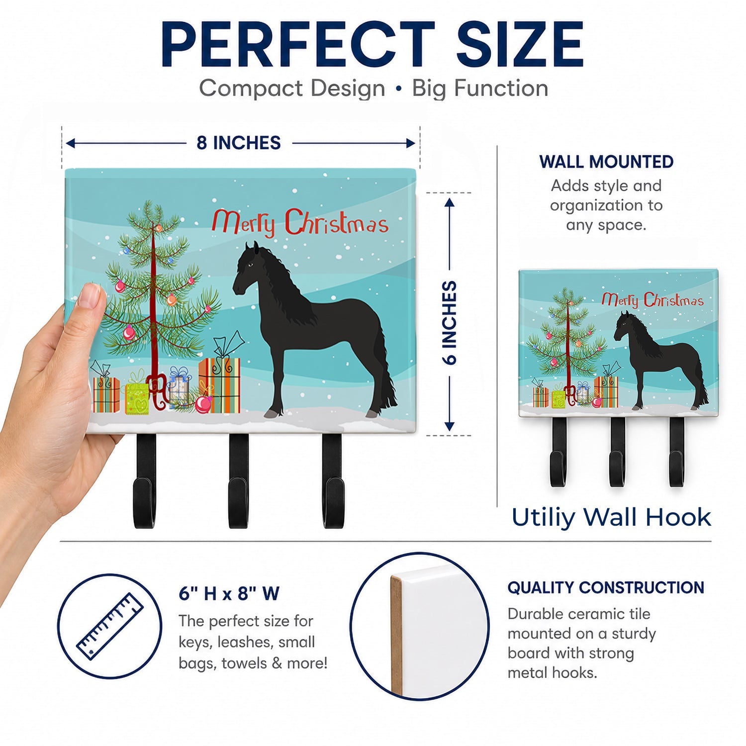 Friesian Horse Christmas Leash or Key Holder Wall Hooks, Coat Rack Wall Mount, for Hanging Keys, Towels, Aprons, Leashes