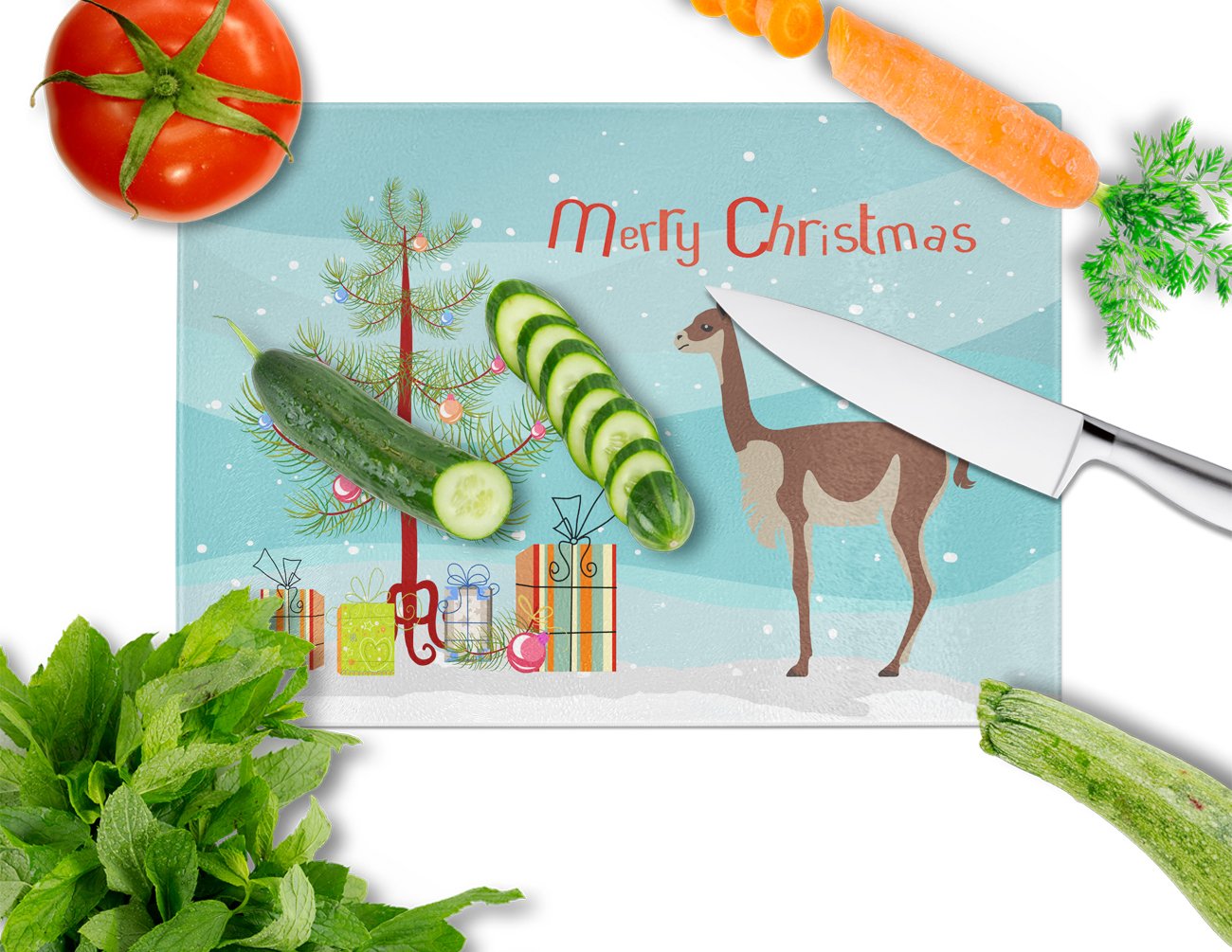 Vicugna or Vicuna Christmas Cutting Board Tempered Glass Kitchen Cutting Surface, Heat Resistant Chopping, Non-Slip Feet, Food Prep & Serving