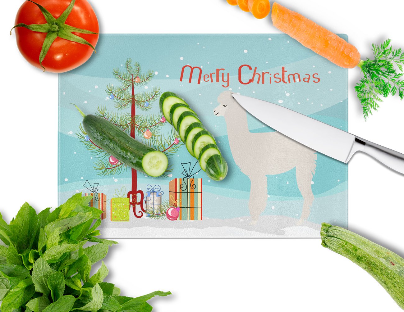 Alpaca Christmas Cutting Board Tempered Glass Kitchen Cutting Surface, Heat Resistant Chopping, Non-Slip Feet, Food Prep & Serving