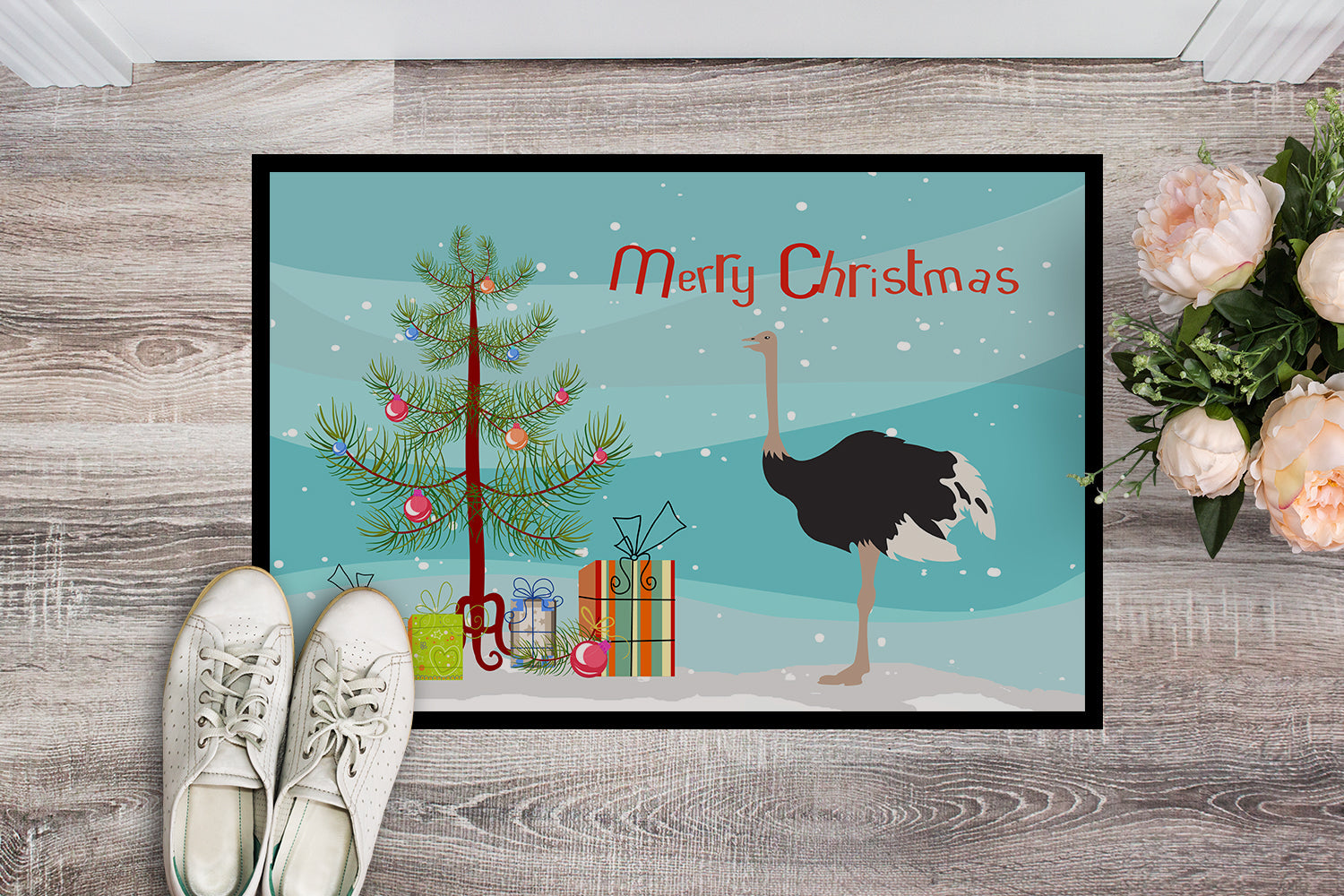 Common Ostrich Christmas Doormat Indoor Outdoor 24H X 36W Front Door Mat Rugs for Entryway, Non Slip Washable Low Pile,