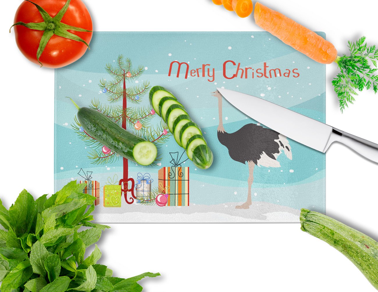 Common Ostrich Christmas Cutting Board Tempered Glass Kitchen Cutting Surface, Heat Resistant Chopping, Non-Slip Feet, Food Prep & Serving