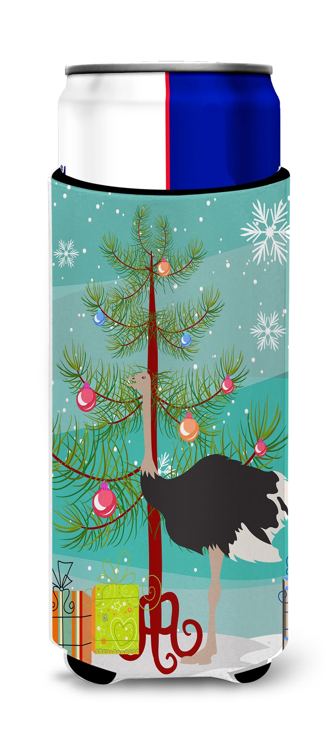 Common Ostrich Christmas Slim Can Hugger , Insulated Foam Hugger for 12 oz Slim Cans, Beer Bottles & Water Bottles, Printed in USA