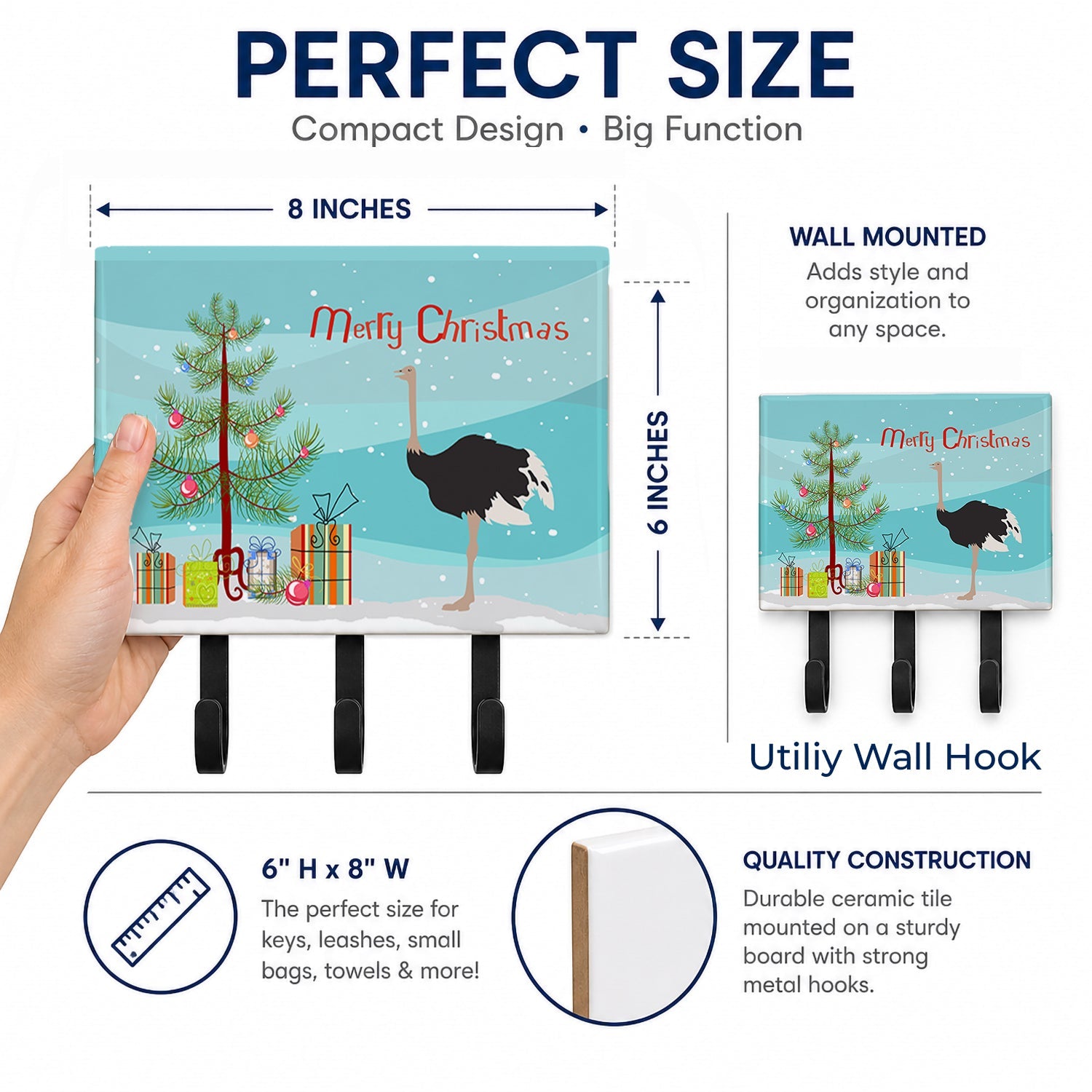 Common Ostrich Christmas Leash or Key Holder Wall Hooks, Coat Rack Wall Mount, for Hanging Keys, Towels, Aprons, Leashes