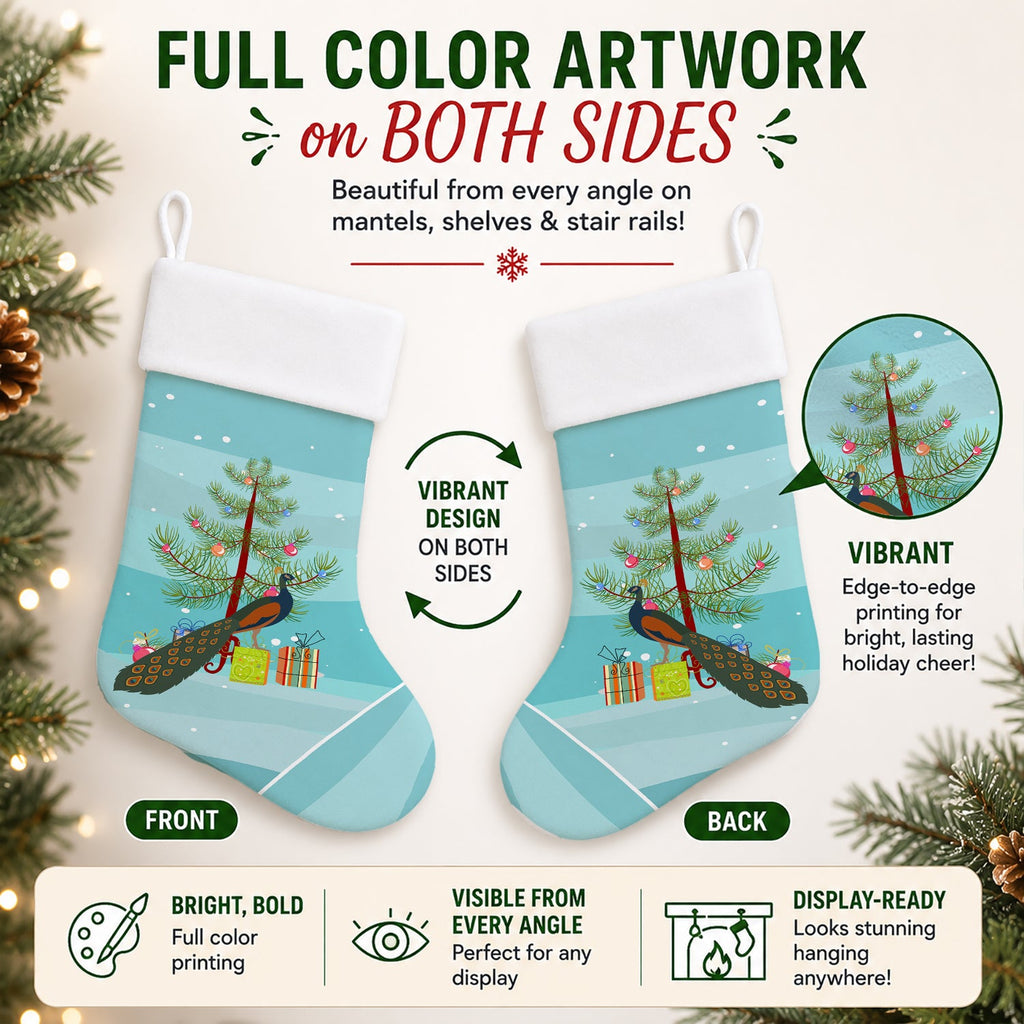 Indian Peacock Peafowl Christmas Holiday Stocking Double-Sided Print, Polyester Suede,11x18, Made in USA