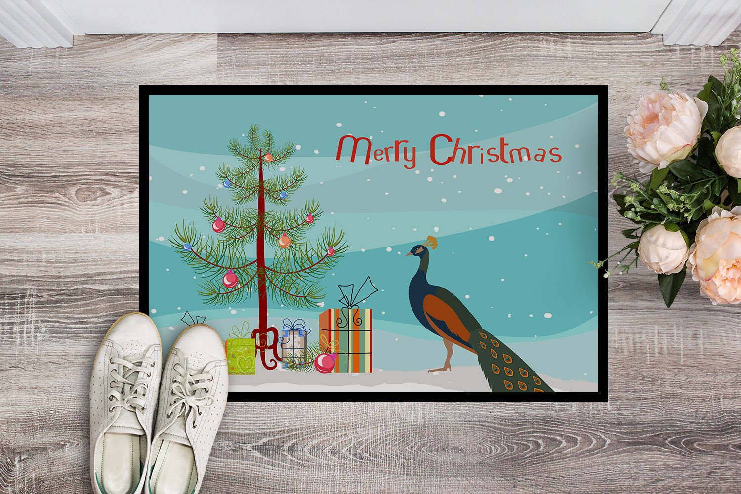 Indian Peacock Peafowl Christmas Doormat Indoor Outdoor 24H X 36W Front Door Mat Rugs for Entryway, Non Slip Washable Low Pile,