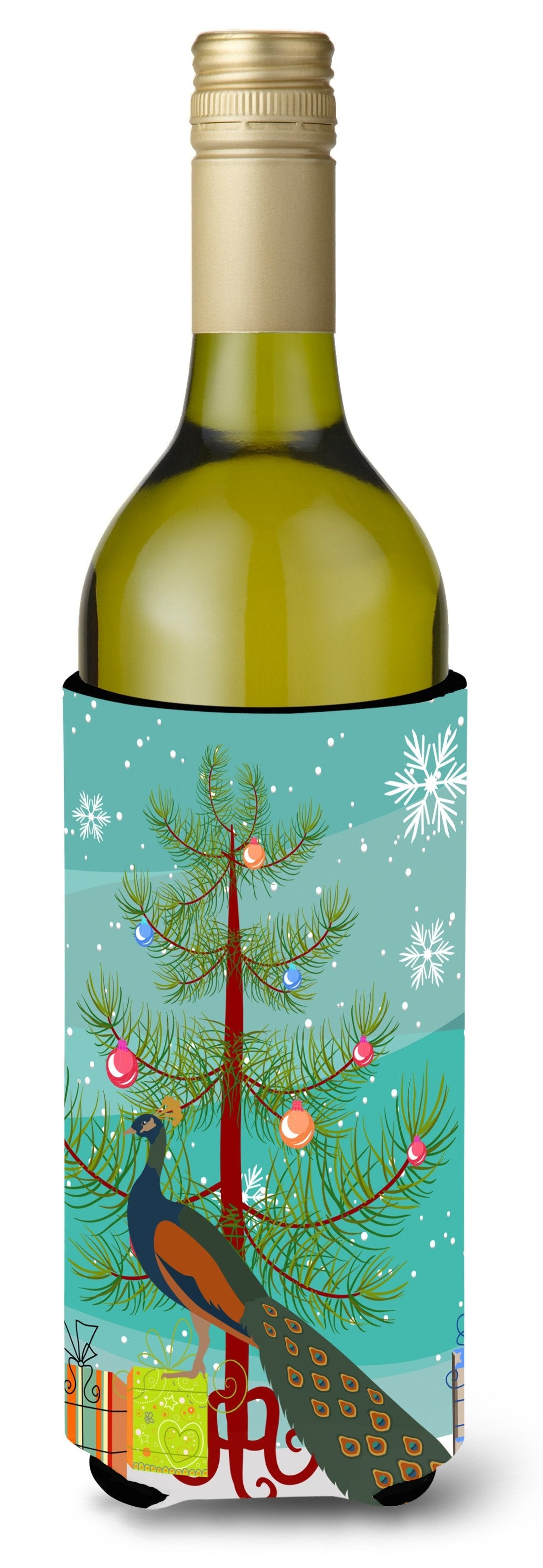 Indian Peacock Peafowl Christmas Wine Bottle Hugger Gift Sleeve for Standard 750 ml Bottles, Insulated Reusable Also Fits Mini Shot & Pint Bottles