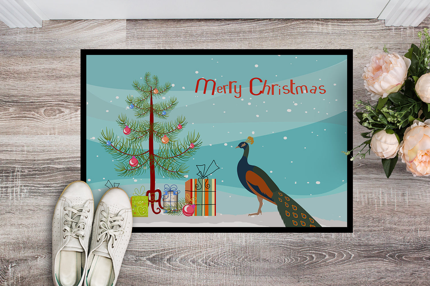 Indian Peacock Peafowl Christmas Doormat Indoor Outdoor 18H X 27W Front Door Mat Rugs for Entryway, Non Slip Washable