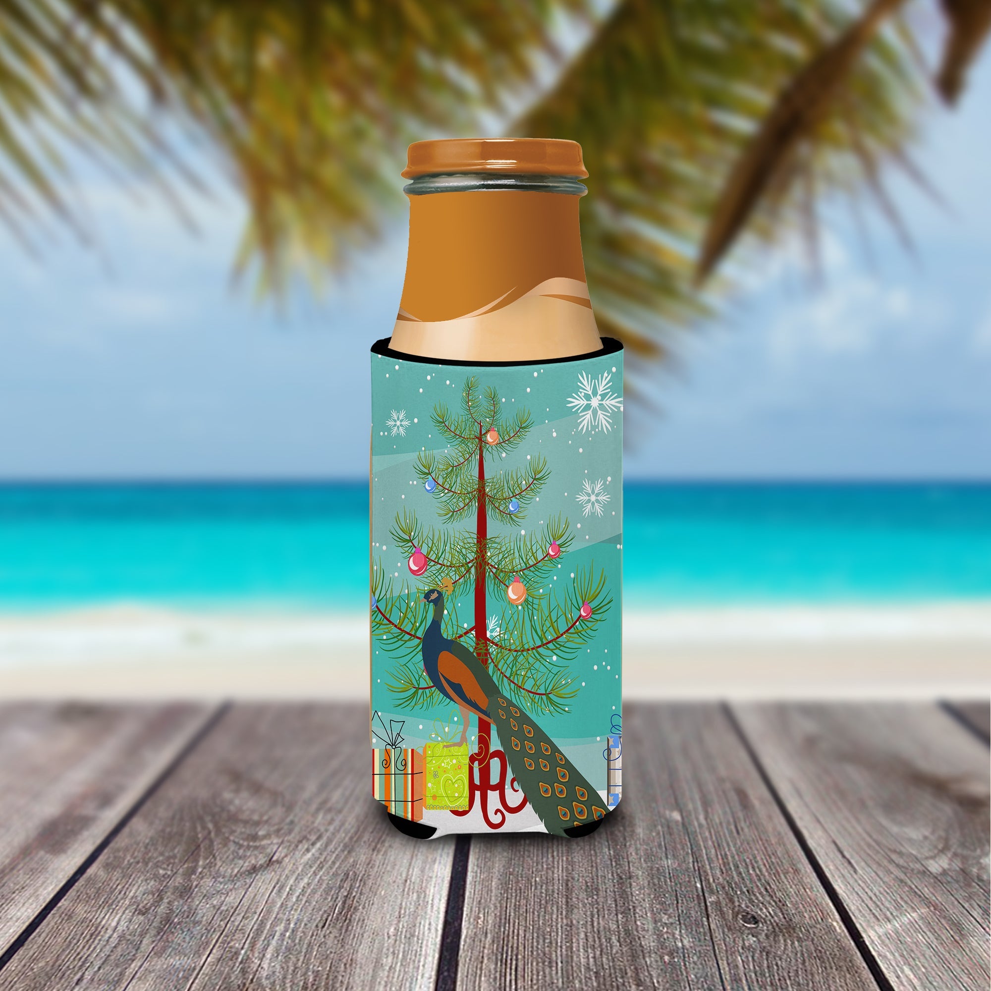 Indian Peacock Peafowl Christmas Slim Can Hugger , Insulated Foam Hugger for 12 oz Slim Cans, Beer Bottles & Water Bottles, Printed in USA