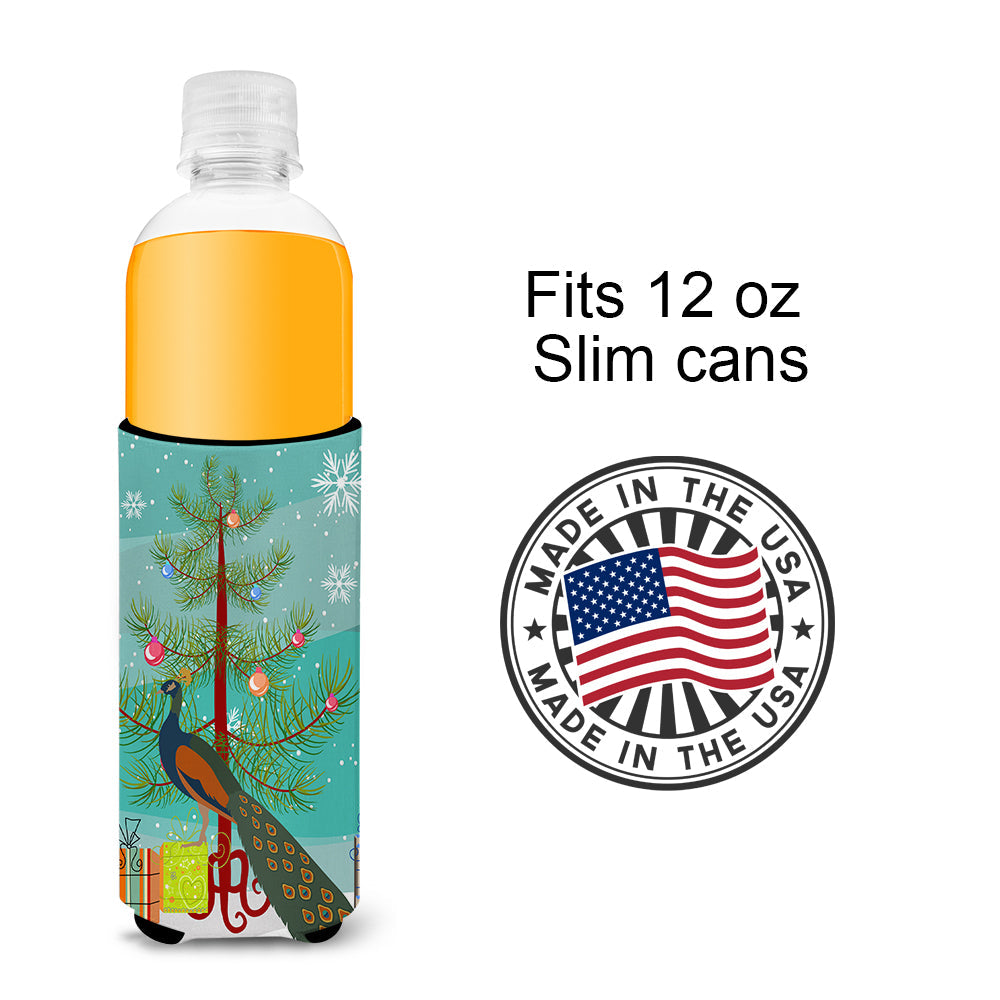 Indian Peacock Peafowl Christmas Slim Can Hugger , Insulated Foam Hugger for 12 oz Slim Cans, Beer Bottles & Water Bottles, Printed in USA