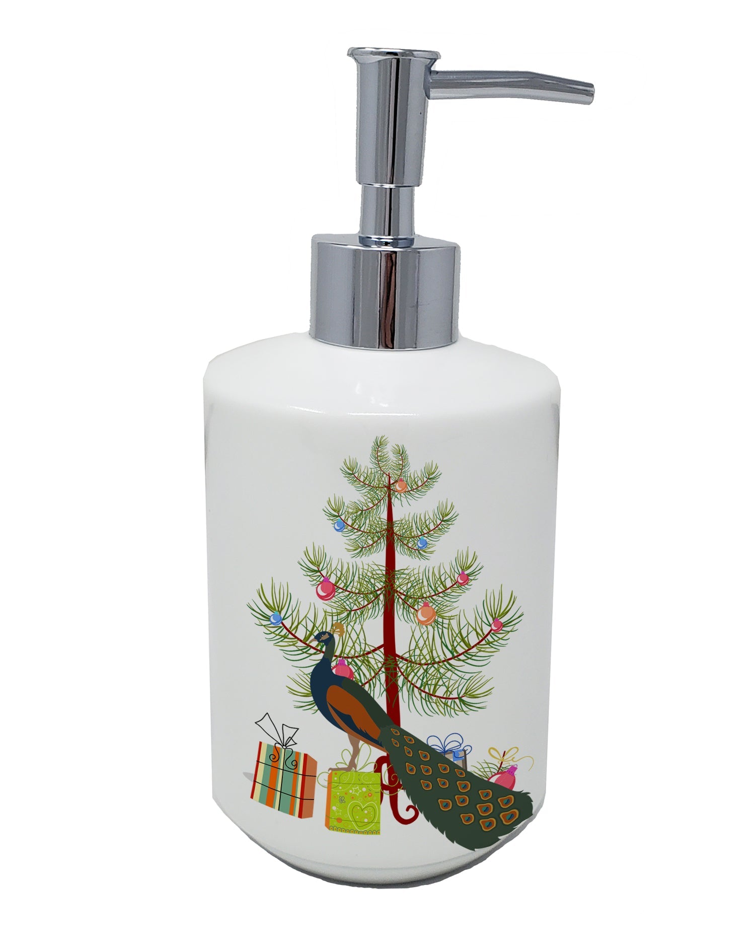 Indian Peacock Peafowl Christmas Ceramic Soap Dispenser , Empty Refillable Hand Soap Pump Bottle for Bathroom Kitchen