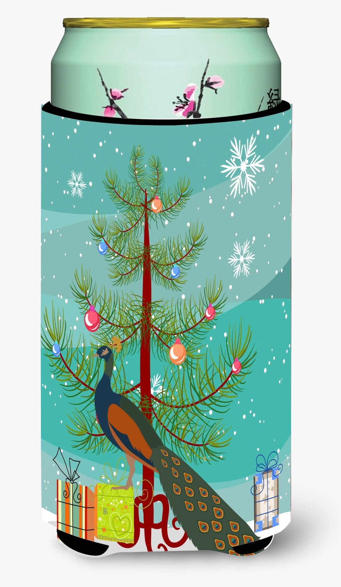 Indian Peacock Peafowl Christmas Tall Boy Hugger Can Cooler Sleeve Machine Washable Drink Collapsible Insulator Beverage Insulated Holder