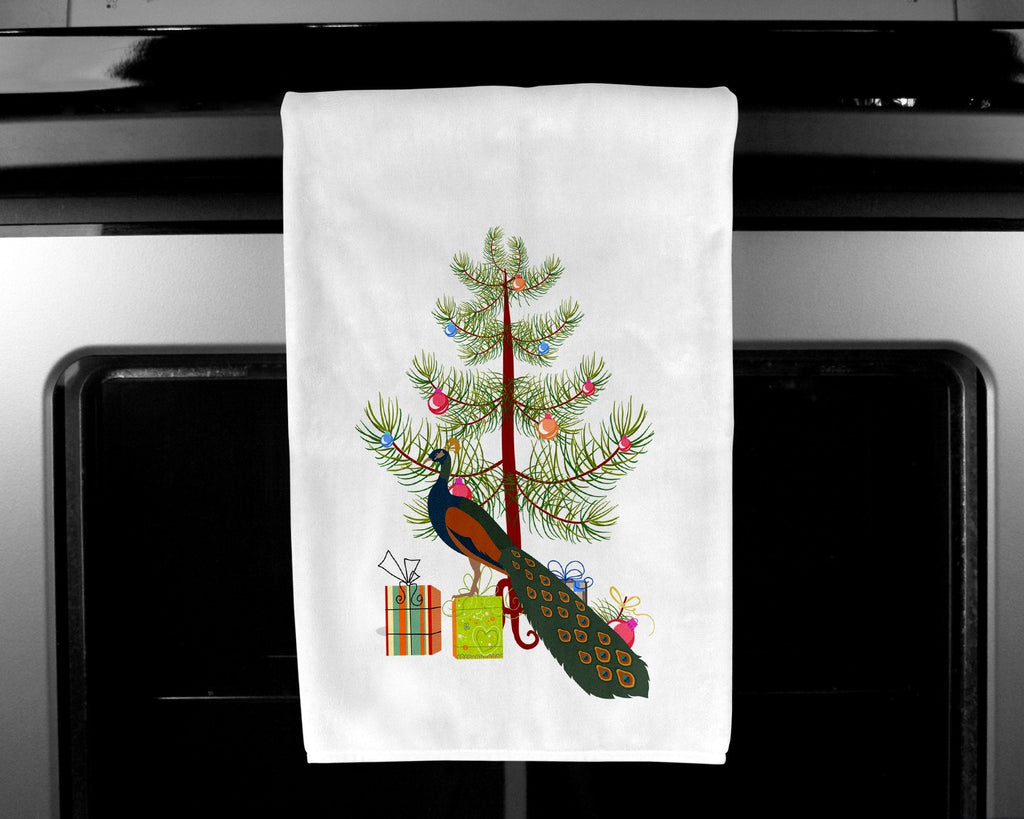 Indian Peacock Peafowl Christmas Kitchen Towel Set of 2 White Dish Towels Decorative Bathroom Hand towel for Hand, Face, Hair, Yoga, Tea, Dishcloth, 19 X 28", White