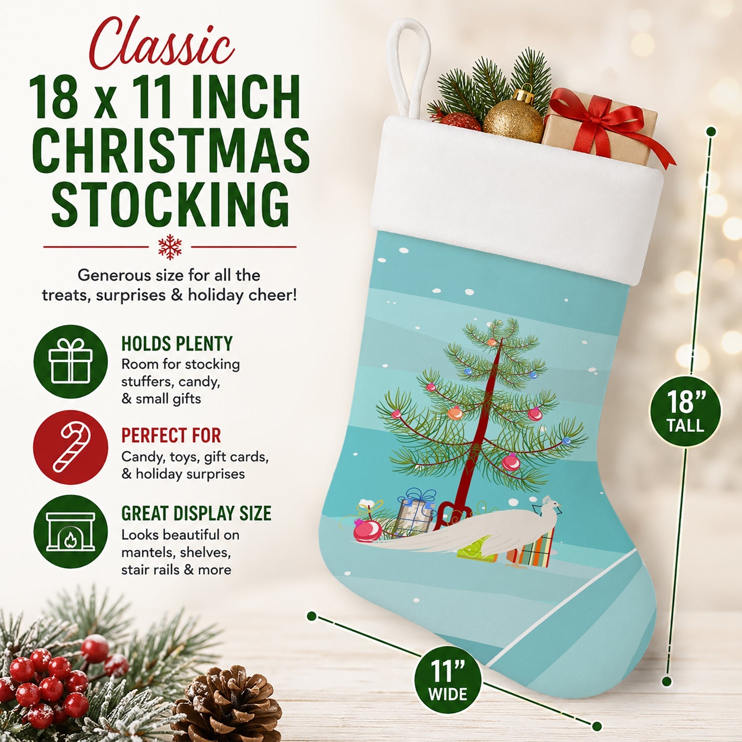 White Peacock Peafowl Christmas Holiday Stocking Double-Sided Print, Polyester Suede,11x18, Made in USA
