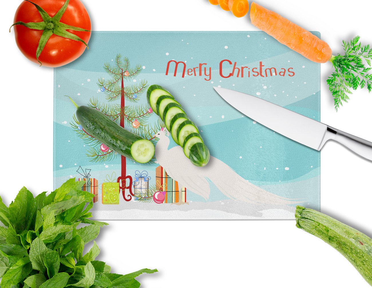 White Peacock Peafowl Christmas Cutting Board Tempered Glass Kitchen Cutting Surface, Heat Resistant Chopping, Non-Slip Feet, Food Prep & Serving