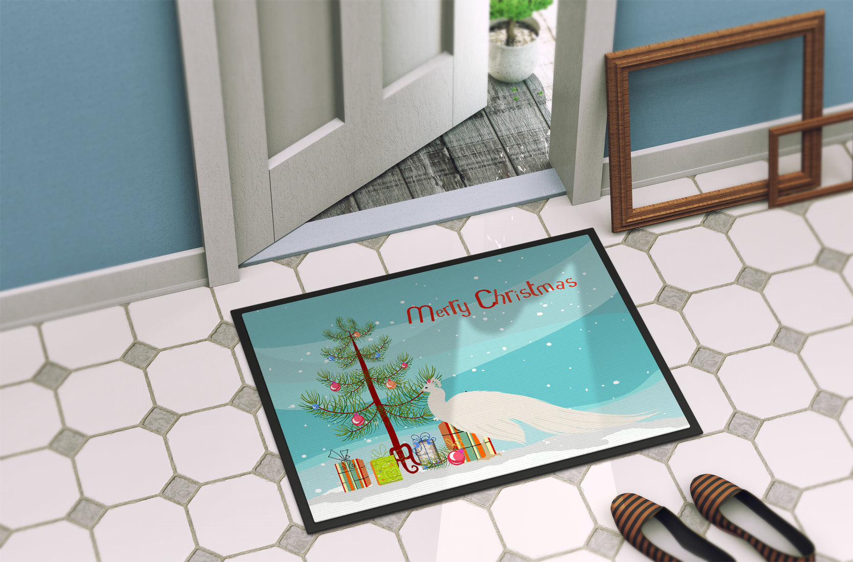 White Peacock Peafowl Christmas Doormat Indoor Outdoor 18H X 27W Front Door Mat Rugs for Entryway, Non Slip Washable