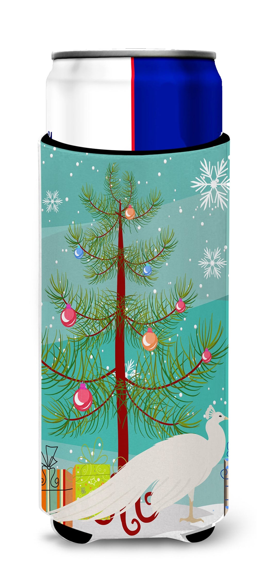 White Peacock Peafowl Christmas Slim Can Hugger , Insulated Foam Hugger for 12 oz Slim Cans, Beer Bottles & Water Bottles, Printed in USA