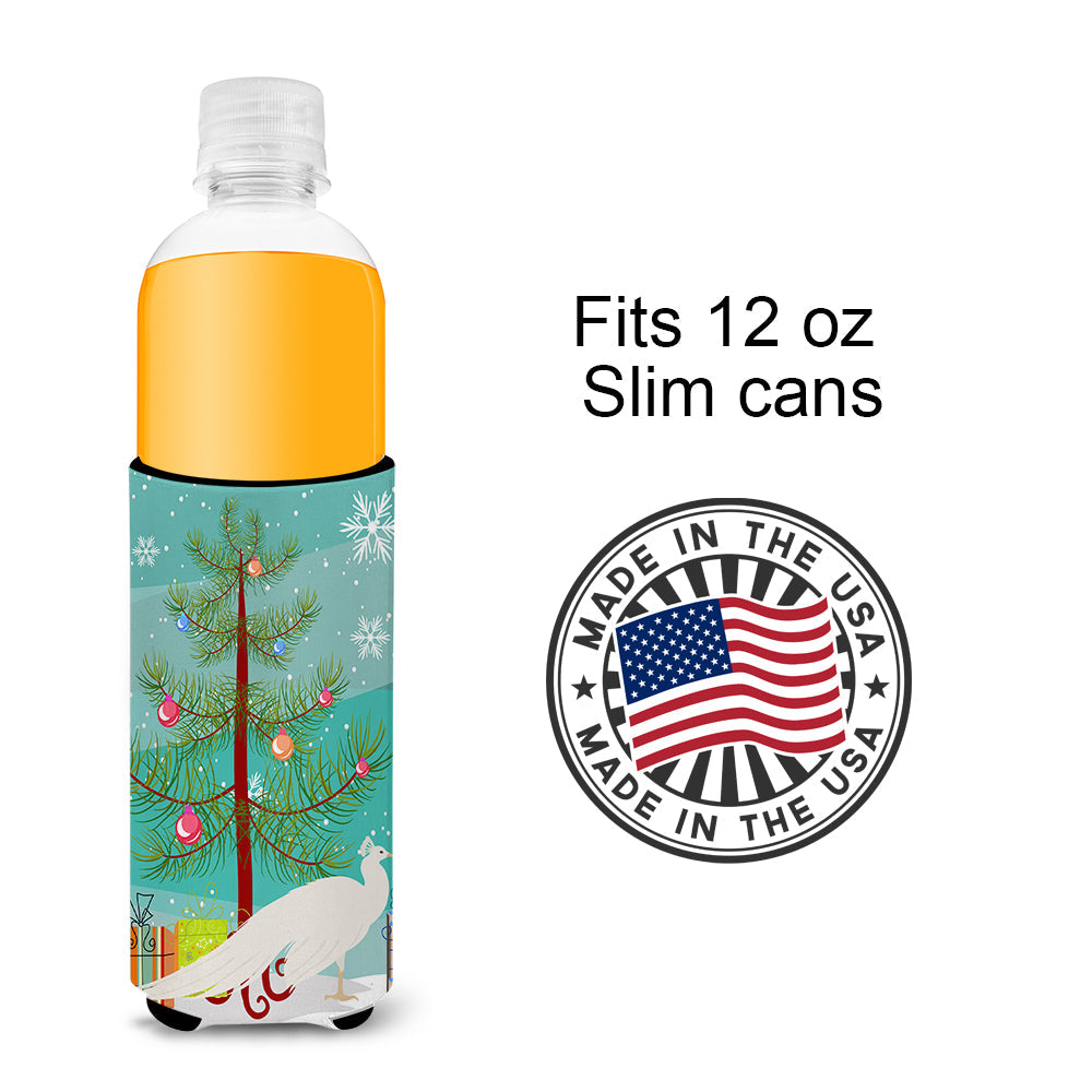 White Peacock Peafowl Christmas Slim Can Hugger , Insulated Foam Hugger for 12 oz Slim Cans, Beer Bottles & Water Bottles, Printed in USA