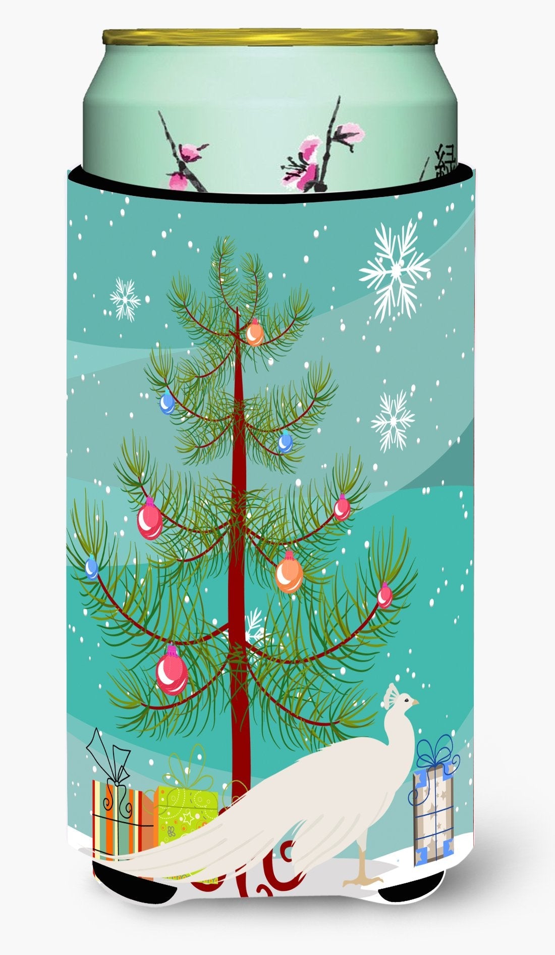 White Peacock Peafowl Christmas Tall Boy Hugger Can Cooler Sleeve Machine Washable Drink Collapsible Insulator Beverage Insulated Holder