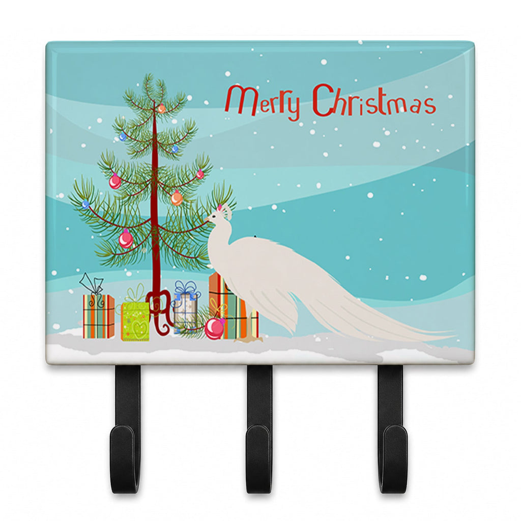 White Peacock Peafowl Christmas Leash or Key Holder Wall Hooks, Coat Rack Wall Mount, for Hanging Keys, Towels, Aprons, Leashes