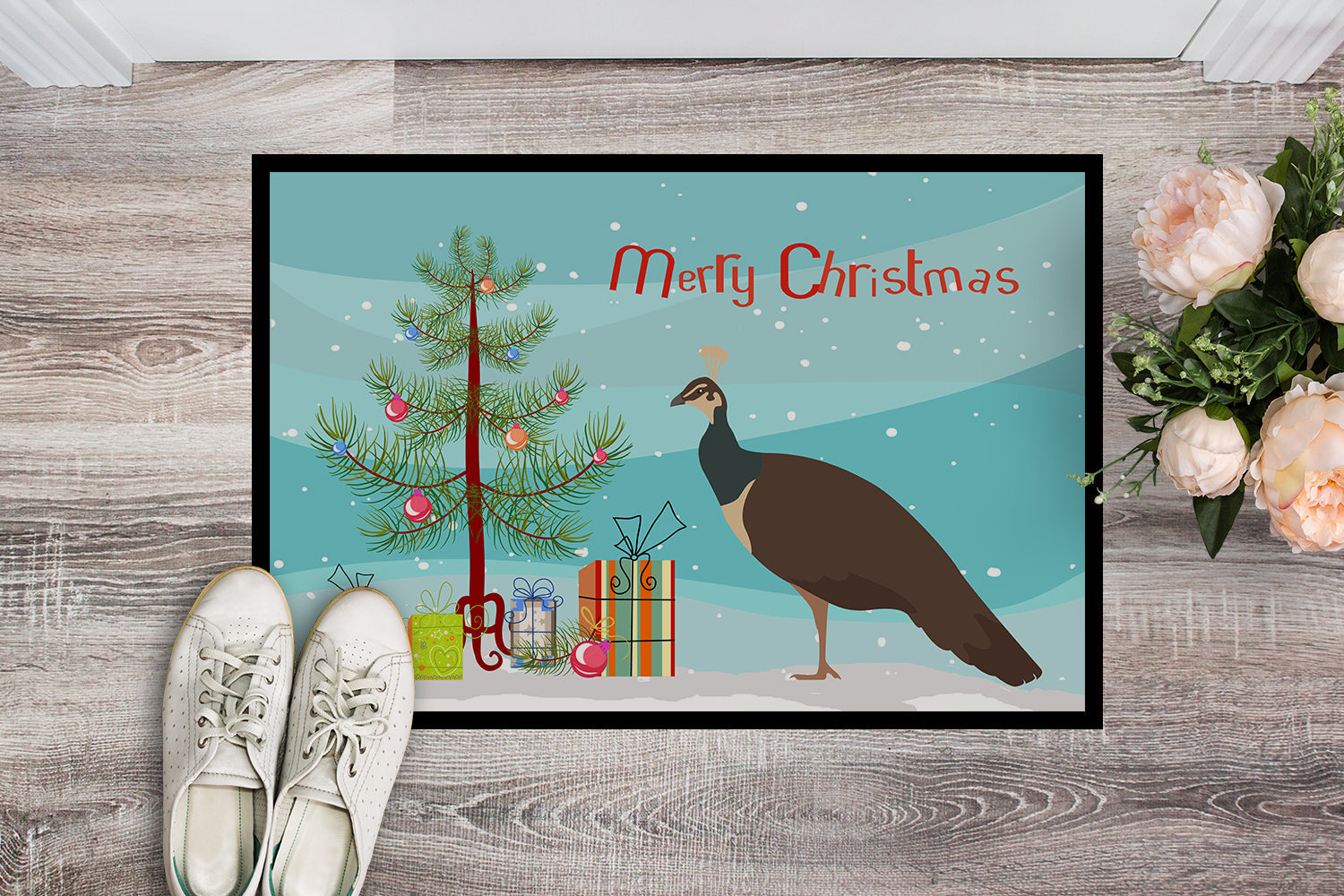 Indian Peahen Peafowl Christmas Doormat Indoor Outdoor 24H X 36W Front Door Mat Rugs for Entryway, Non Slip Washable Low Pile,