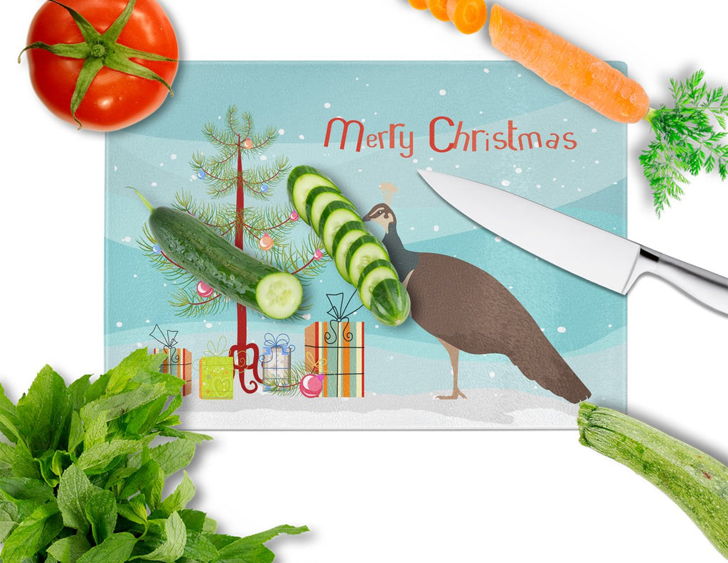 Indian Peahen Peafowl Christmas Cutting Board Tempered Glass Kitchen Cutting Surface, Heat Resistant Chopping, Non-Slip Feet, Food Prep & Serving
