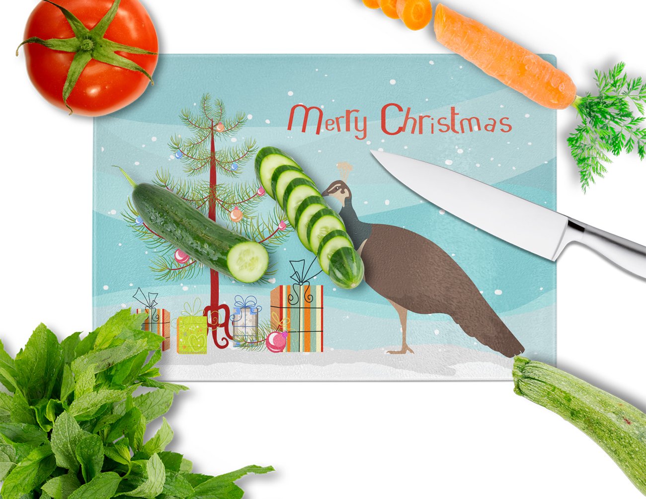 Indian Peahen Peafowl Christmas Cutting Board Tempered Glass Kitchen Cutting Surface, Heat Resistant Chopping, Non-Slip Feet, Food Prep & Serving