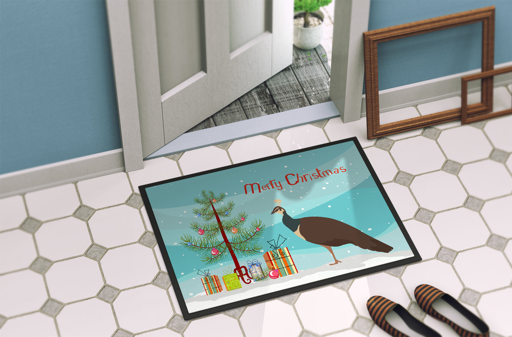 Indian Peahen Peafowl Christmas Doormat Indoor Outdoor 18H X 27W Front Door Mat Rugs for Entryway, Non Slip Washable