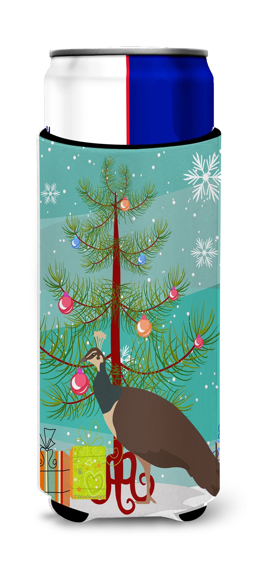 Indian Peahen Peafowl Christmas Slim Can Hugger , Insulated Foam Hugger for 12 oz Slim Cans, Beer Bottles & Water Bottles, Printed in USA