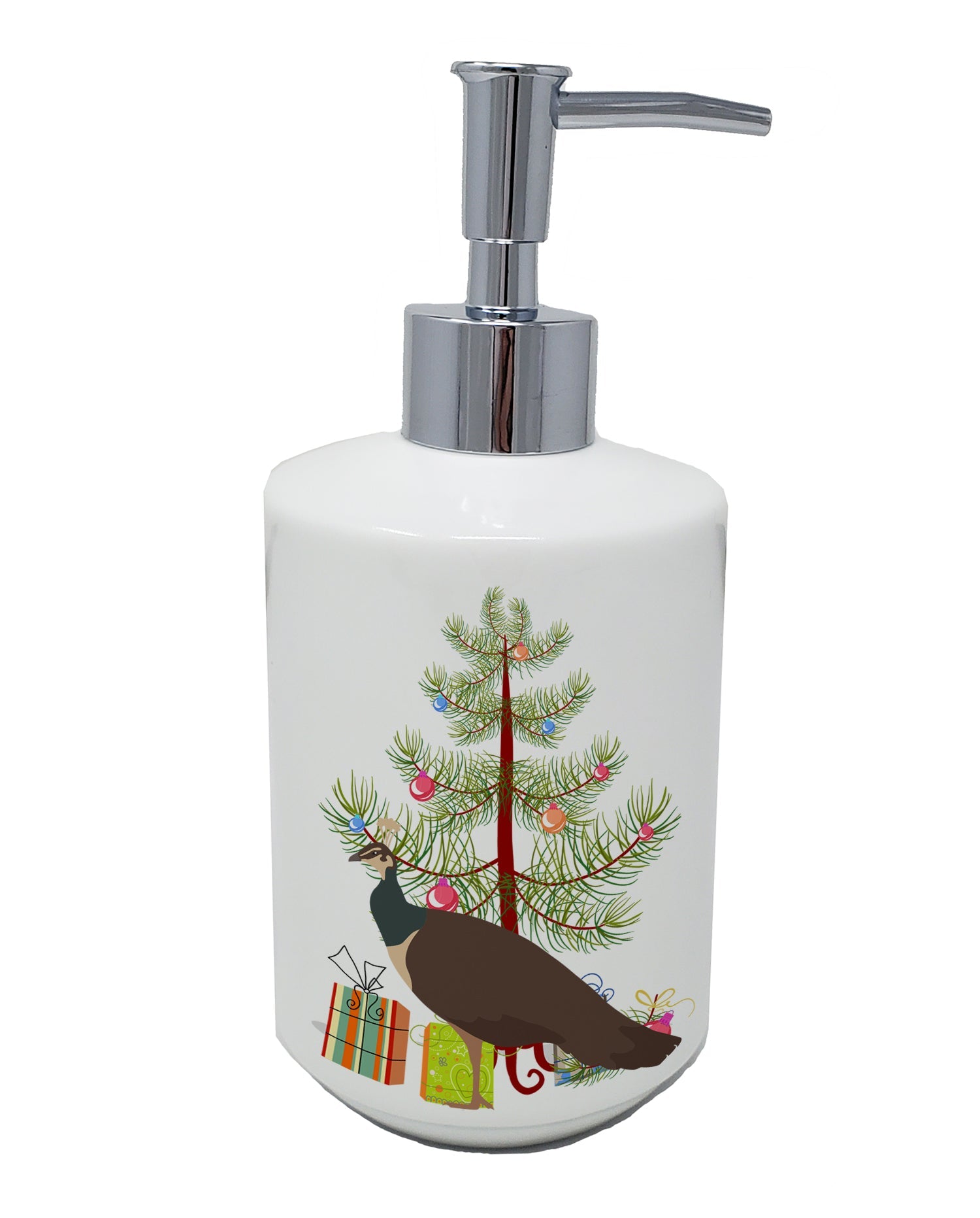 Indian Peahen Peafowl Christmas Ceramic Soap Dispenser , Empty Refillable Hand Soap Pump Bottle for Bathroom Kitchen