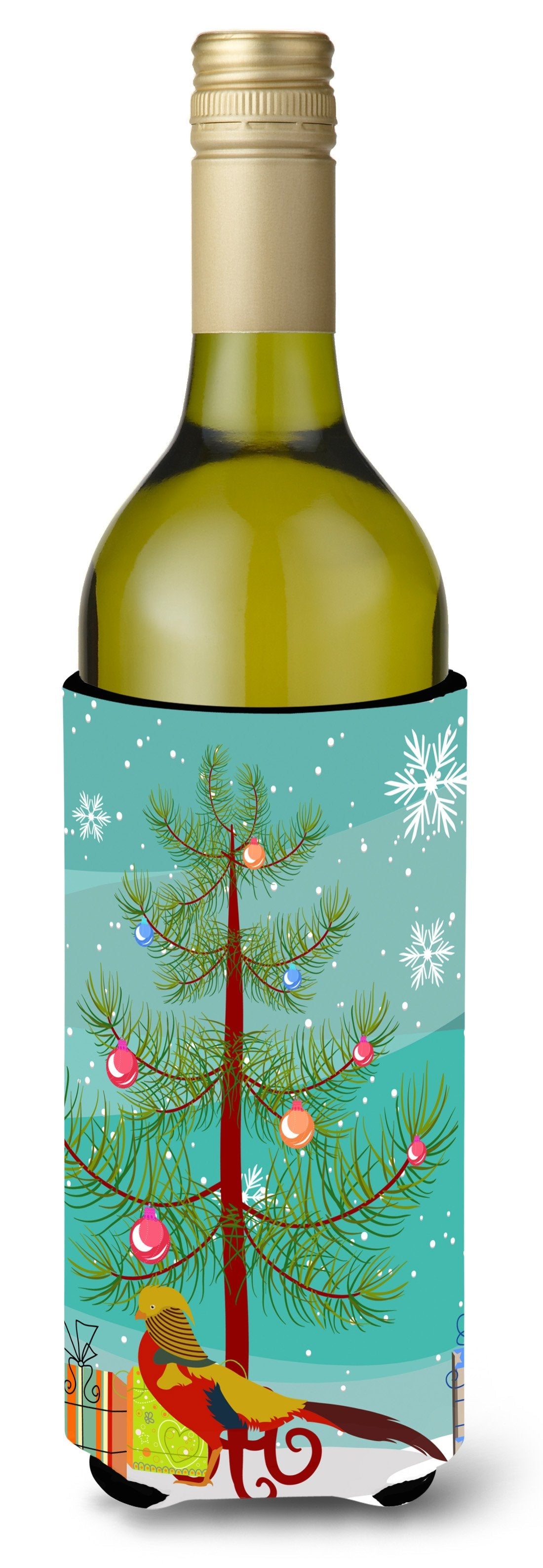 Golden or Chinese Pheasant Christmas Wine Bottle Hugger Gift Sleeve for Standard 750 ml Bottles, Insulated Reusable Also Fits Mini Shot & Pint Bottles