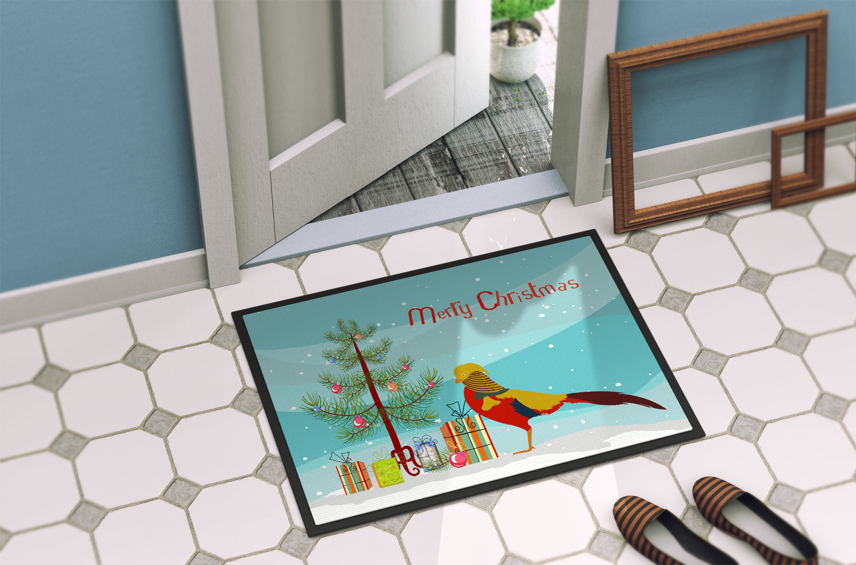 Golden or Chinese Pheasant Christmas Doormat Indoor Outdoor 18H X 27W Front Door Mat Rugs for Entryway, Non Slip Washable