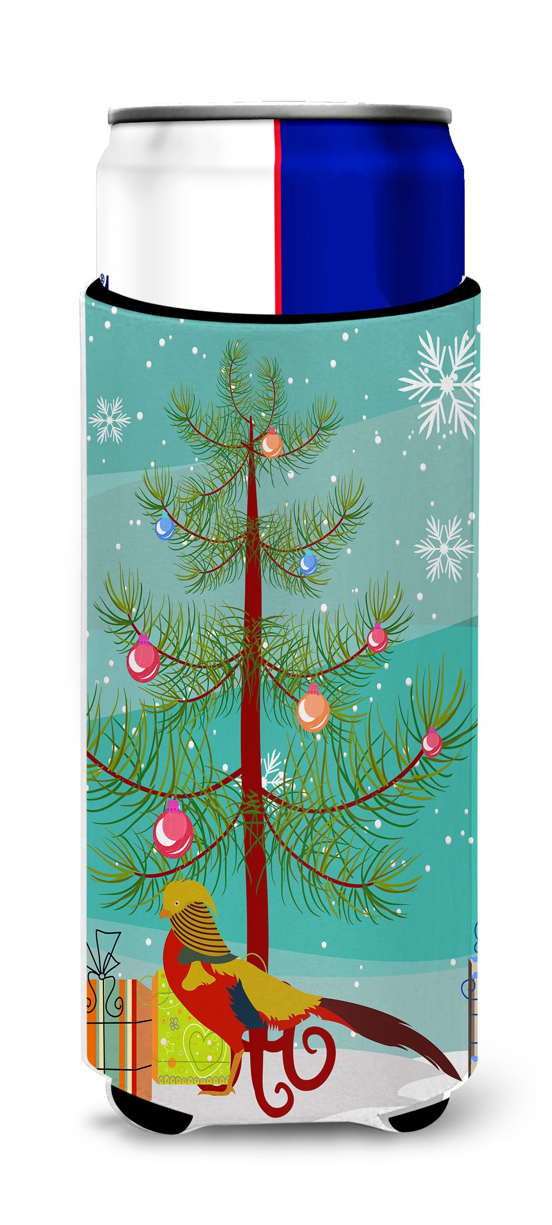 Golden or Chinese Pheasant Christmas Slim Can Hugger , Insulated Foam Hugger for 12 oz Slim Cans, Beer Bottles & Water Bottles, Printed in USA