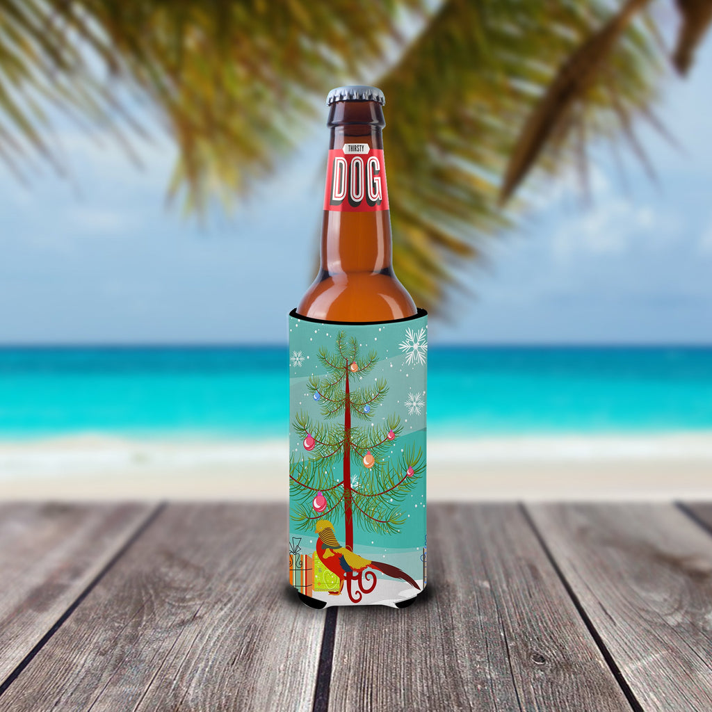 Golden or Chinese Pheasant Christmas Slim Can Hugger , Insulated Foam Hugger for 12 oz Slim Cans, Beer Bottles & Water Bottles, Printed in USA