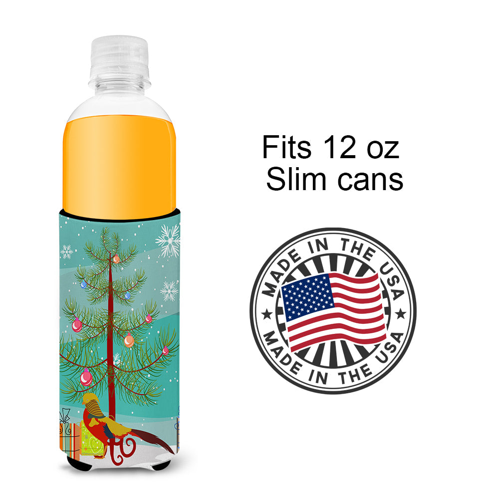 Golden or Chinese Pheasant Christmas Slim Can Hugger , Insulated Foam Hugger for 12 oz Slim Cans, Beer Bottles & Water Bottles, Printed in USA