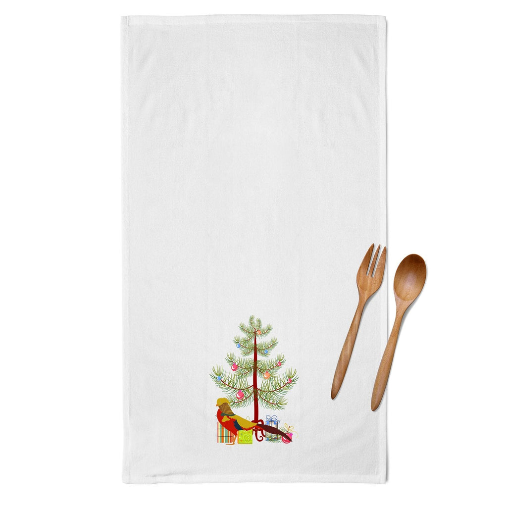 Golden or Chinese Pheasant Christmas Kitchen Towel Set of 2 White Dish Towels Decorative Bathroom Hand towel for Hand, Face, Hair, Yoga, Tea, Dishcloth, 19 X 28", White