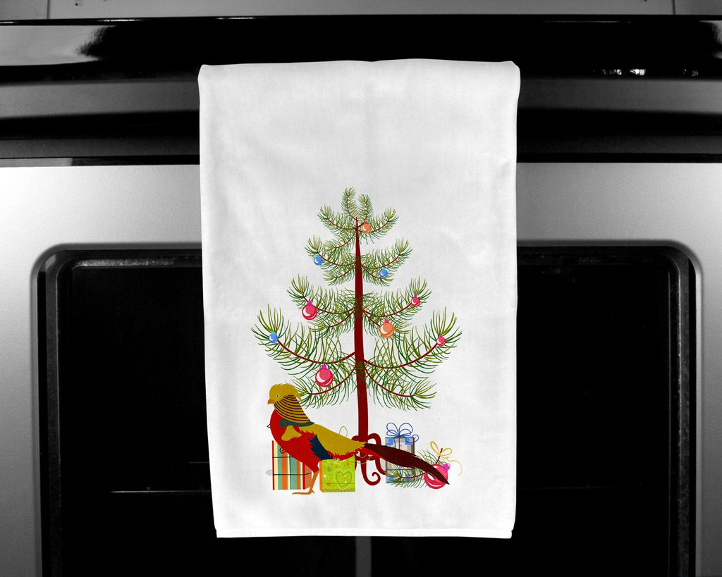 Golden or Chinese Pheasant Christmas Kitchen Towel Set of 2 White Dish Towels Decorative Bathroom Hand towel for Hand, Face, Hair, Yoga, Tea, Dishcloth, 19 X 28", White