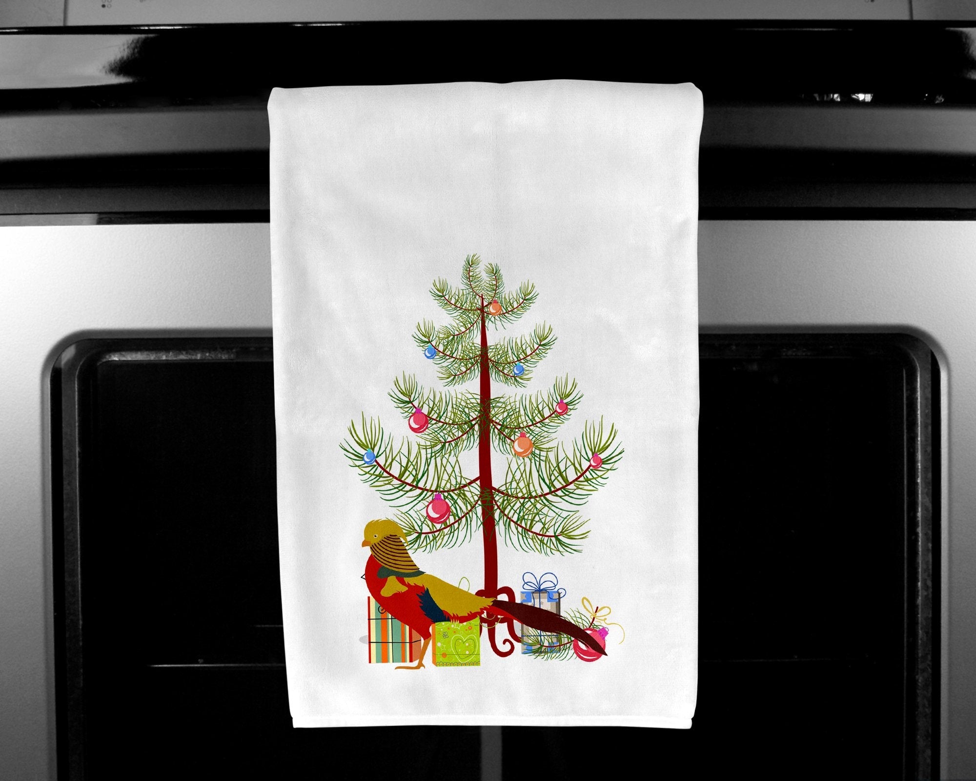 Golden or Chinese Pheasant Christmas Kitchen Towel Set of 2 White Dish Towels Decorative Bathroom Hand towel for Hand, Face, Hair, Yoga, Tea, Dishcloth, 19 X 28", White