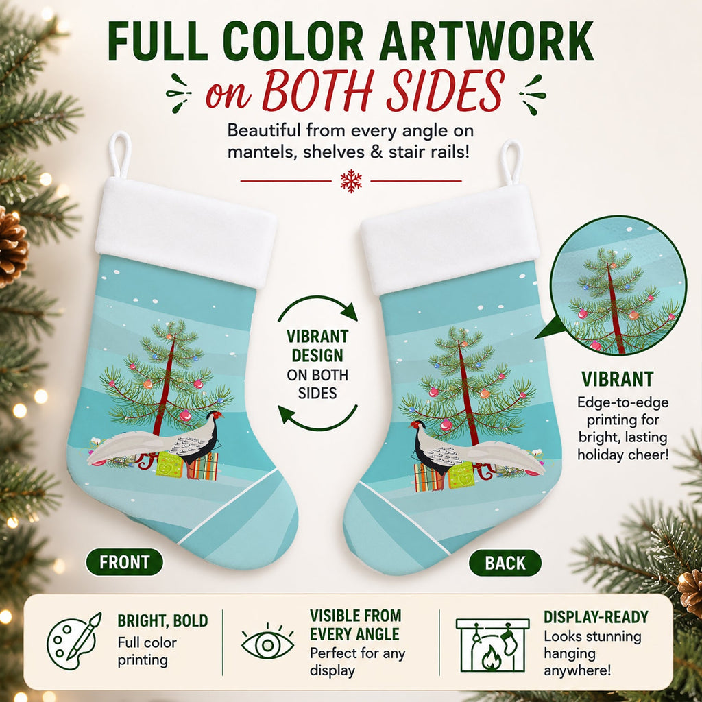 Silver Pheasant Christmas Holiday Stocking Double-Sided Print, Polyester Suede,11x18, Made in USA