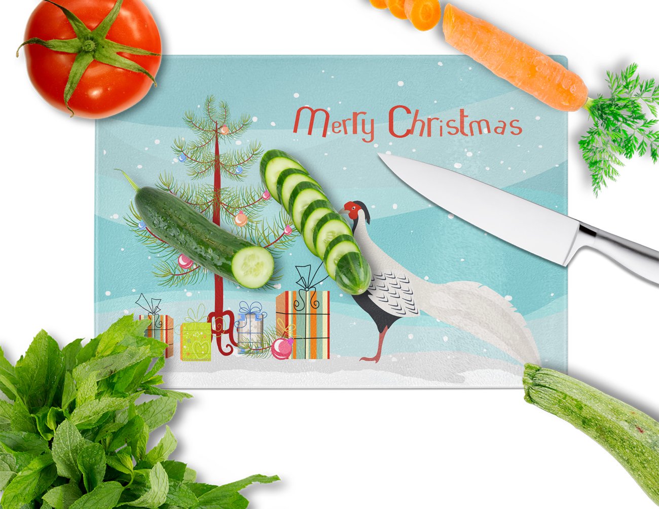 Silver Pheasant Christmas Cutting Board Tempered Glass Kitchen Cutting Surface, Heat Resistant Chopping, Non-Slip Feet, Food Prep & Serving