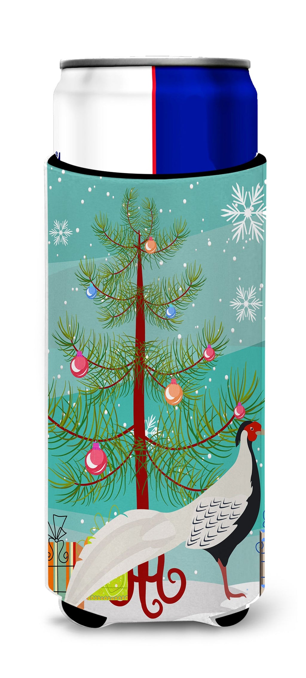 Silver Pheasant Christmas Slim Can Hugger , Insulated Foam Hugger for 12 oz Slim Cans, Beer Bottles & Water Bottles, Printed in USA