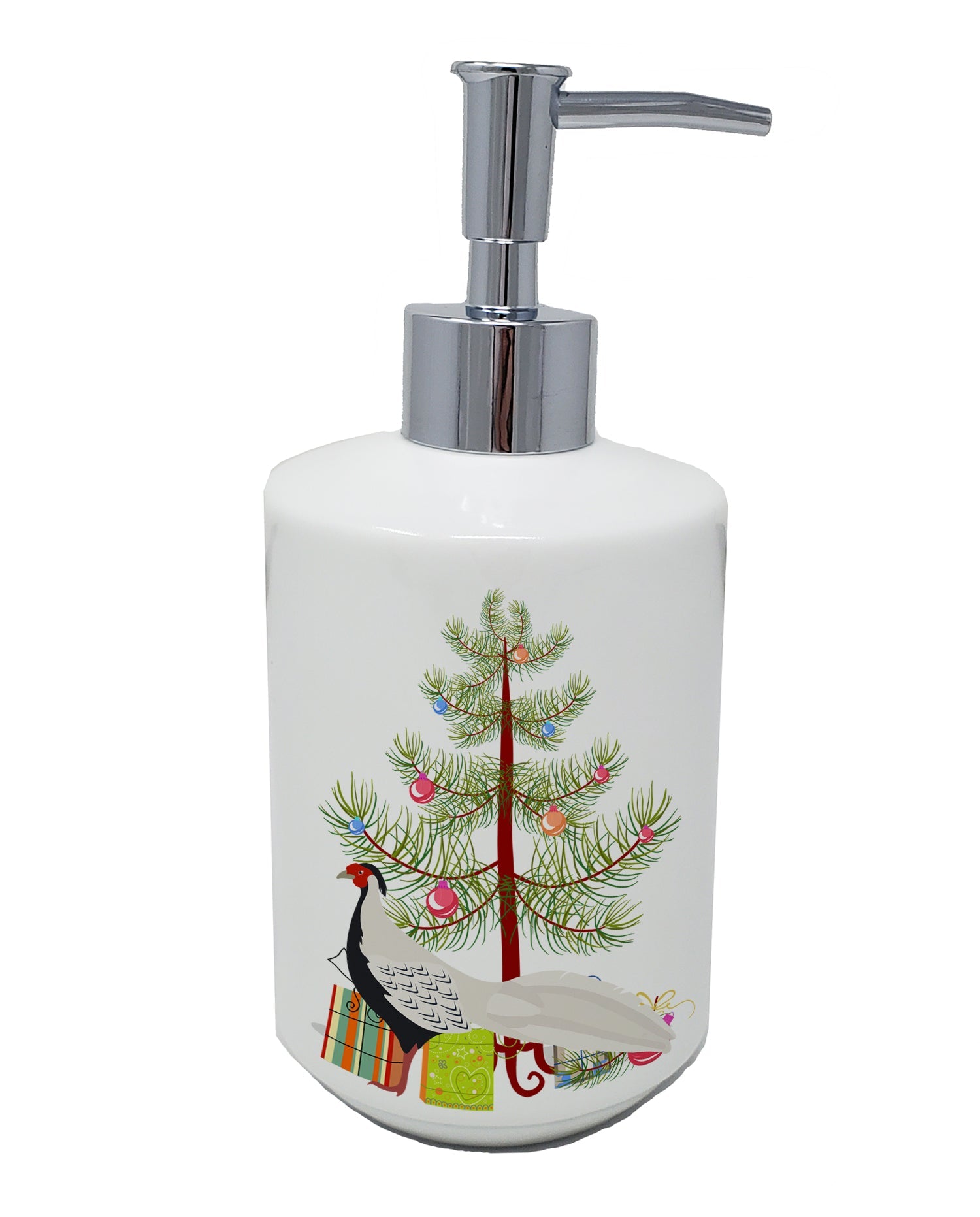 Silver Pheasant Christmas Ceramic Soap Dispenser , Empty Refillable Hand Soap Pump Bottle for Bathroom Kitchen