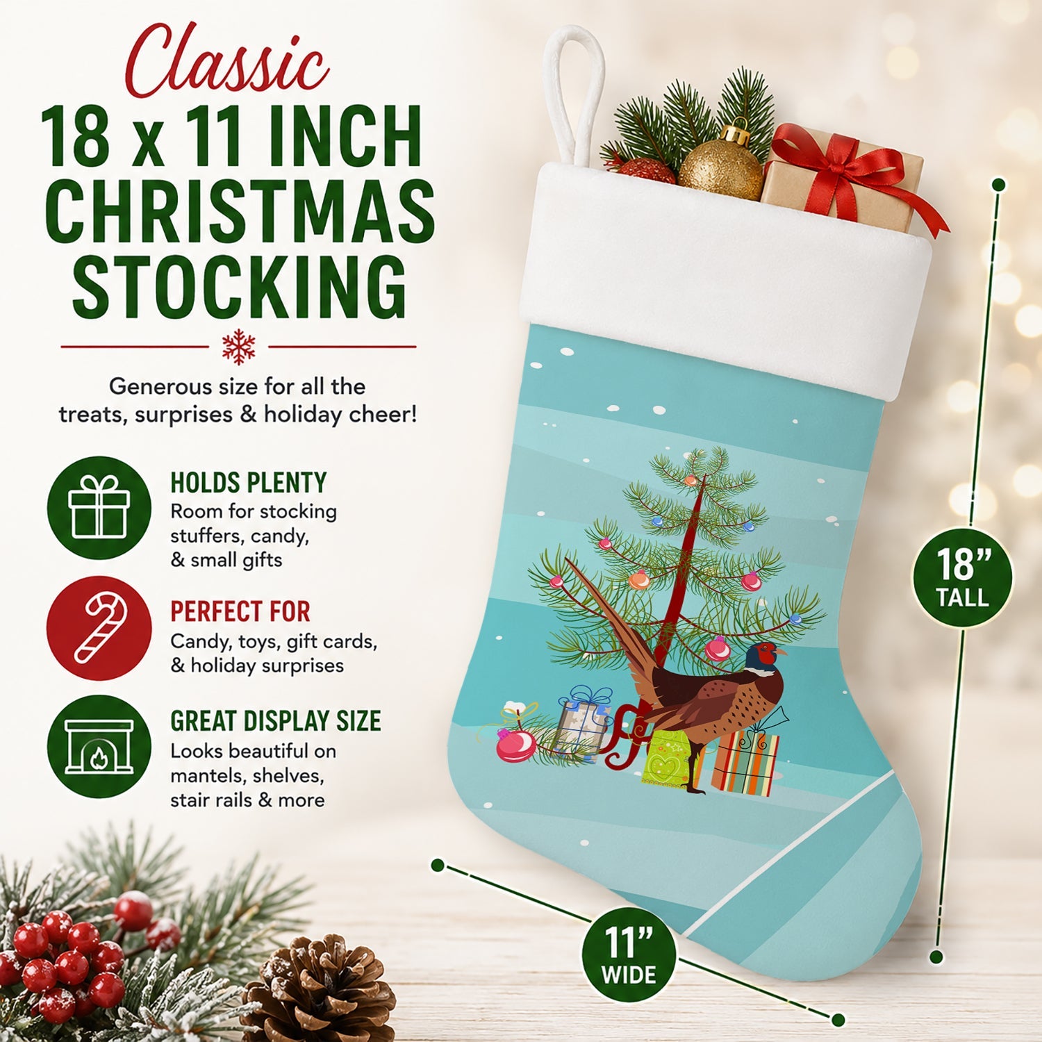 Ring-necked Common Pheasant Christmas Holiday Stocking Double-Sided Print, Polyester Suede,11x18, Made in USA