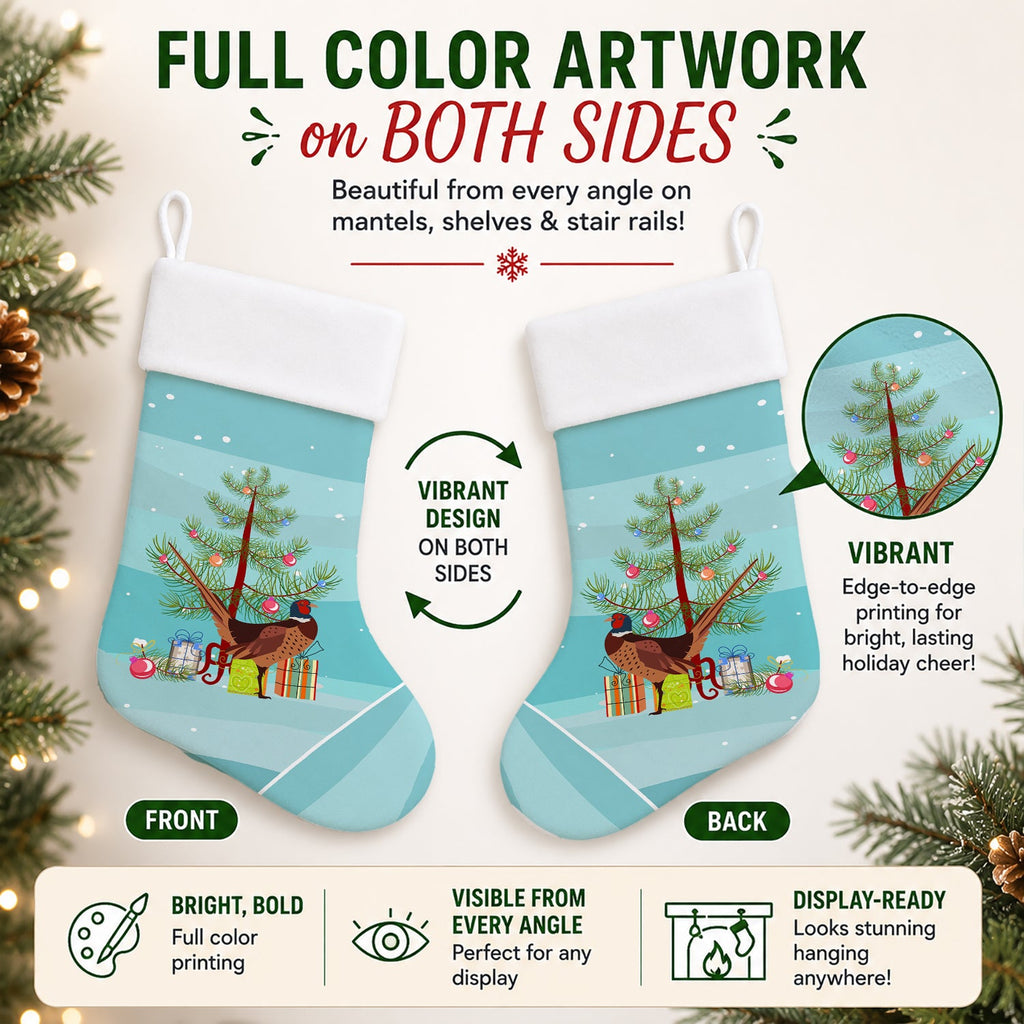 Ring-necked Common Pheasant Christmas Holiday Stocking Double-Sided Print, Polyester Suede,11x18, Made in USA