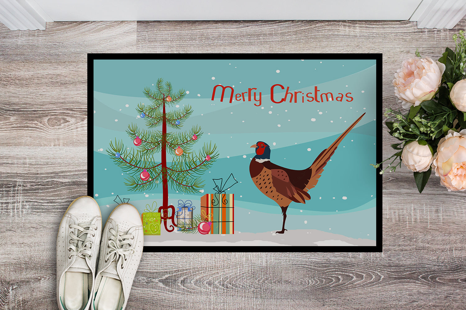 Ring-necked Common Pheasant Christmas Doormat Indoor Outdoor 18H X 27W Front Door Mat Rugs for Entryway, Non Slip Washable