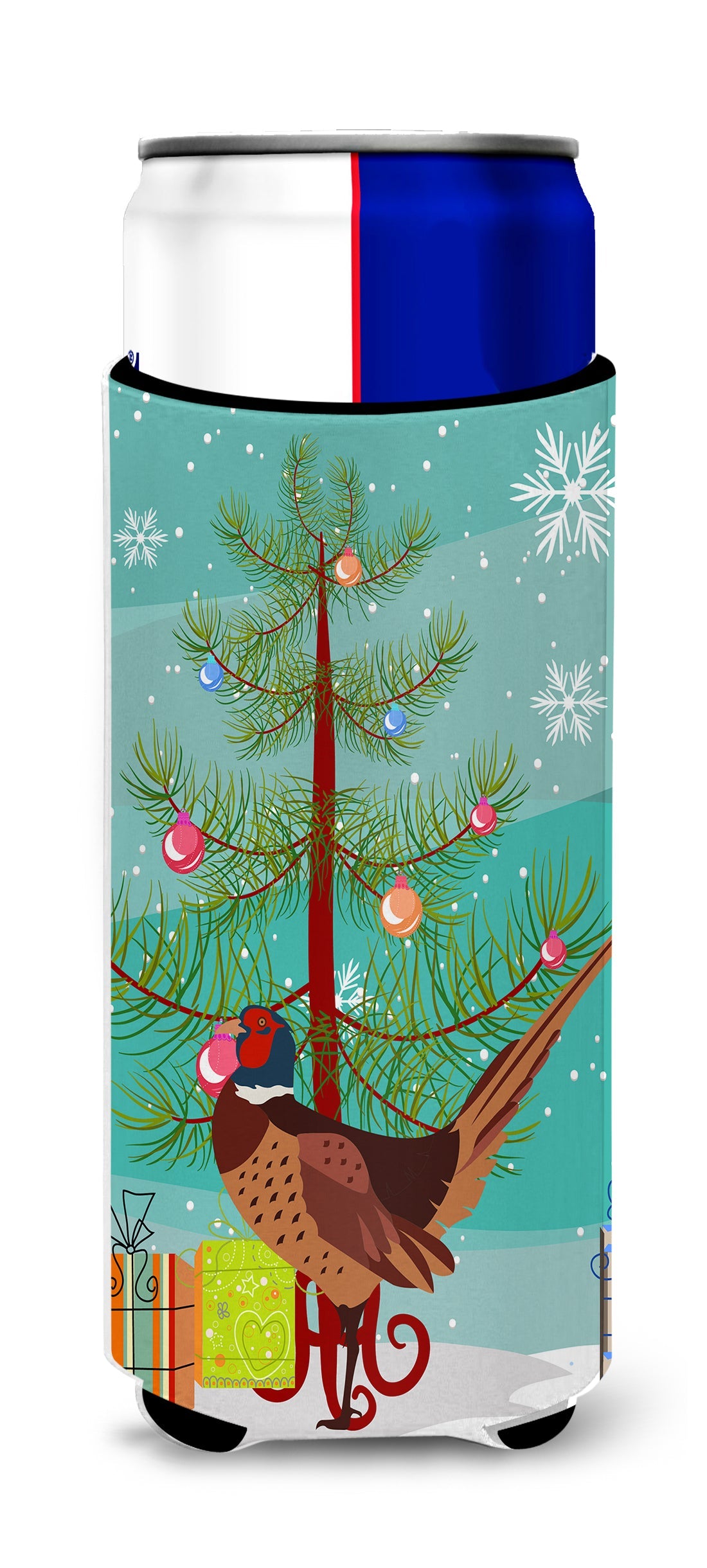 Ring-necked Common Pheasant Christmas Slim Can Hugger , Insulated Foam Hugger for 12 oz Slim Cans, Beer Bottles & Water Bottles, Printed in USA