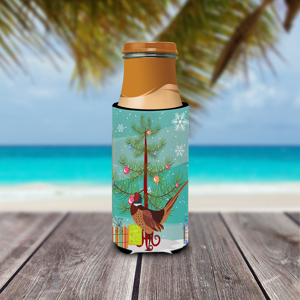 Ring-necked Common Pheasant Christmas Slim Can Hugger , Insulated Foam Hugger for 12 oz Slim Cans, Beer Bottles & Water Bottles, Printed in USA