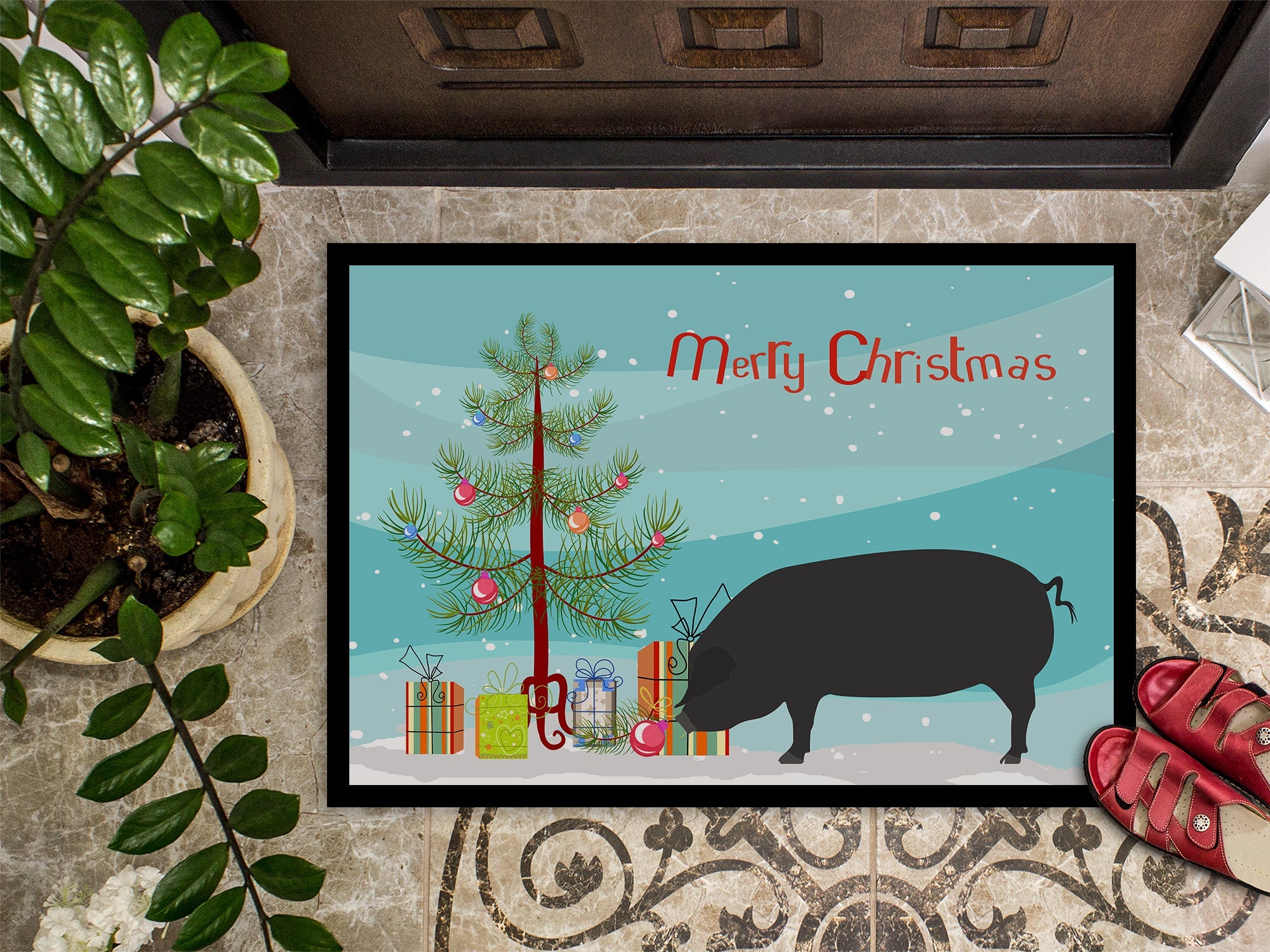 Devon Large Black Pig Christmas Doormat Indoor Outdoor 24H X 36W Front Door Mat Rugs for Entryway, Non Slip Washable Low Pile,