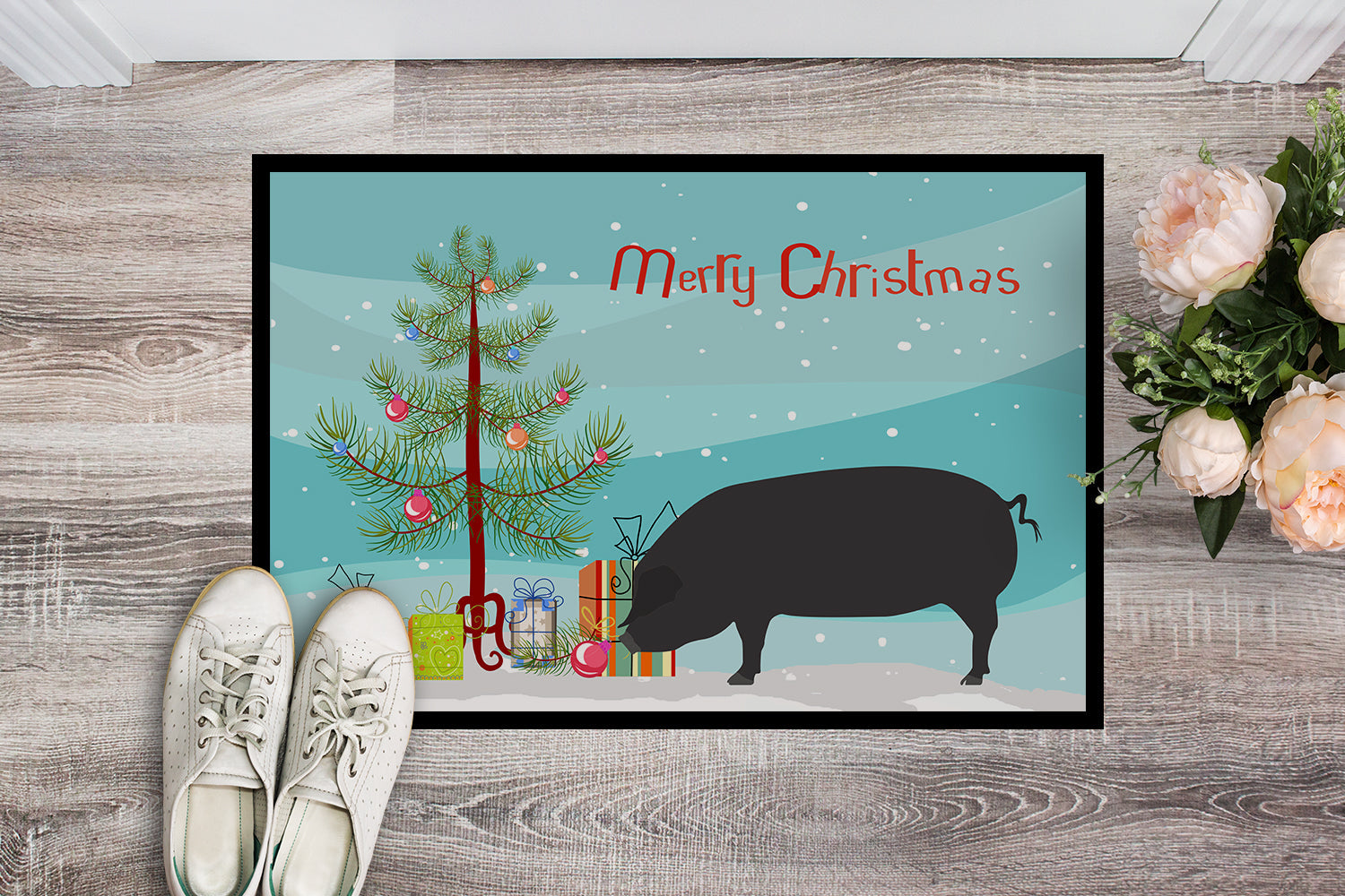 Devon Large Black Pig Christmas Doormat Indoor Outdoor 18H X 27W Front Door Mat Rugs for Entryway, Non Slip Washable