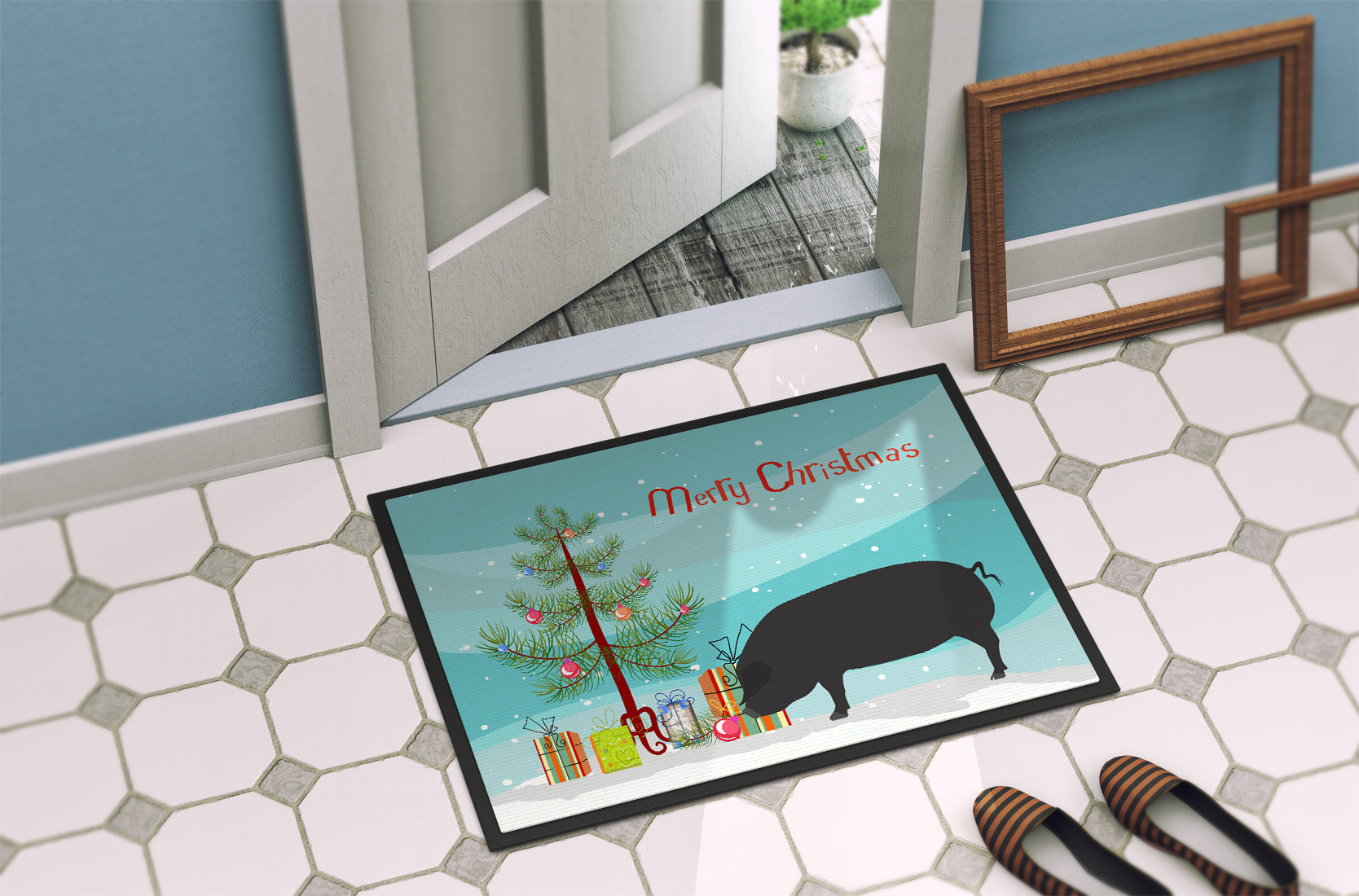 Devon Large Black Pig Christmas Doormat Indoor Outdoor 18H X 27W Front Door Mat Rugs for Entryway, Non Slip Washable
