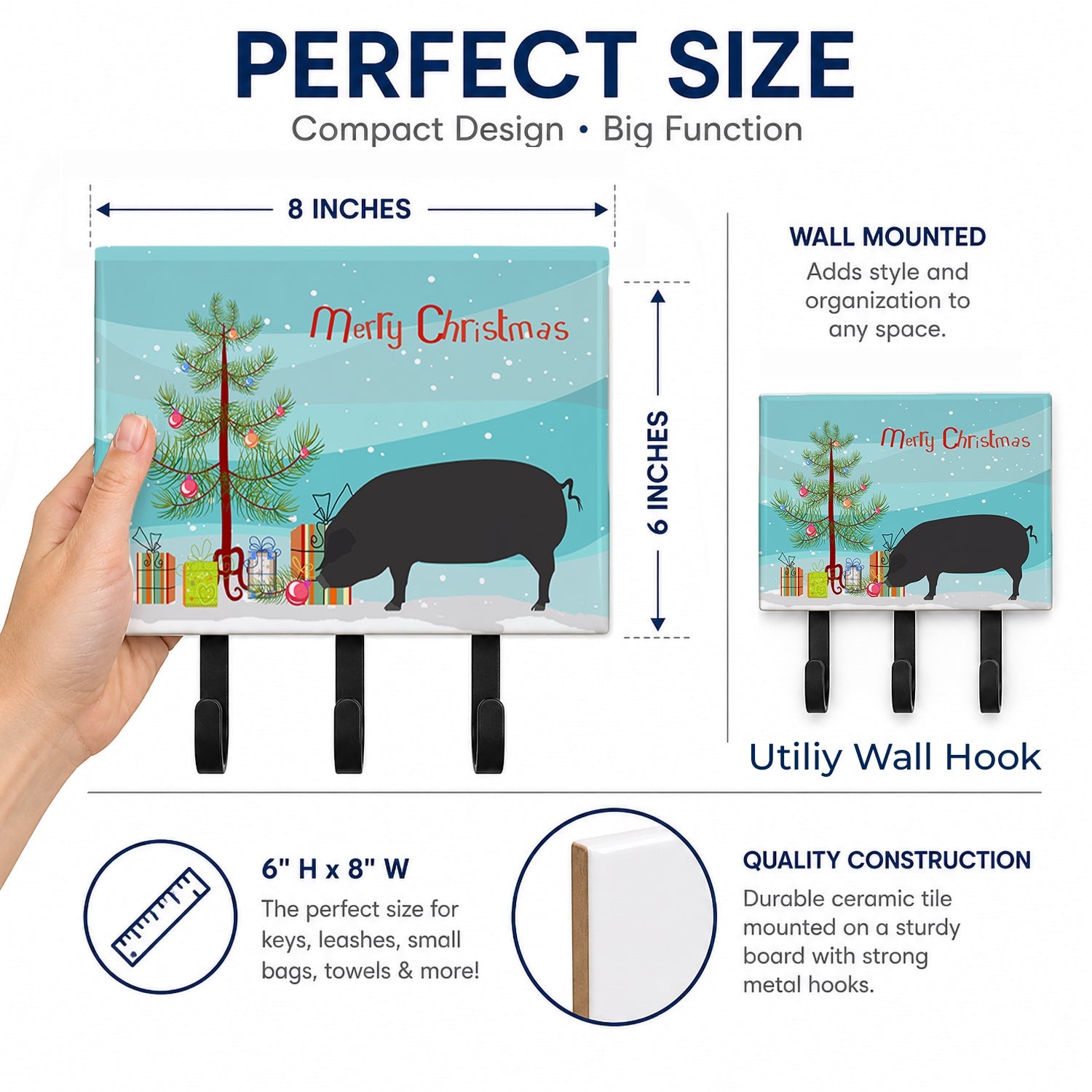 Devon Large Black Pig Christmas Leash or Key Holder Wall Hooks, Coat Rack Wall Mount, for Hanging Keys, Towels, Aprons, Leashes